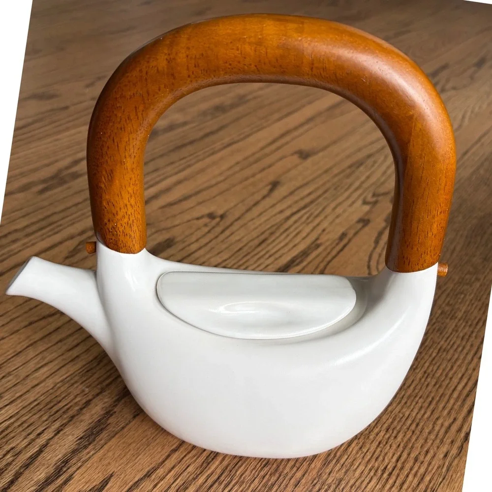 RedEnvelope White Ceramic Teapot with Arched Wood Handle 20oz Minimalist Modern